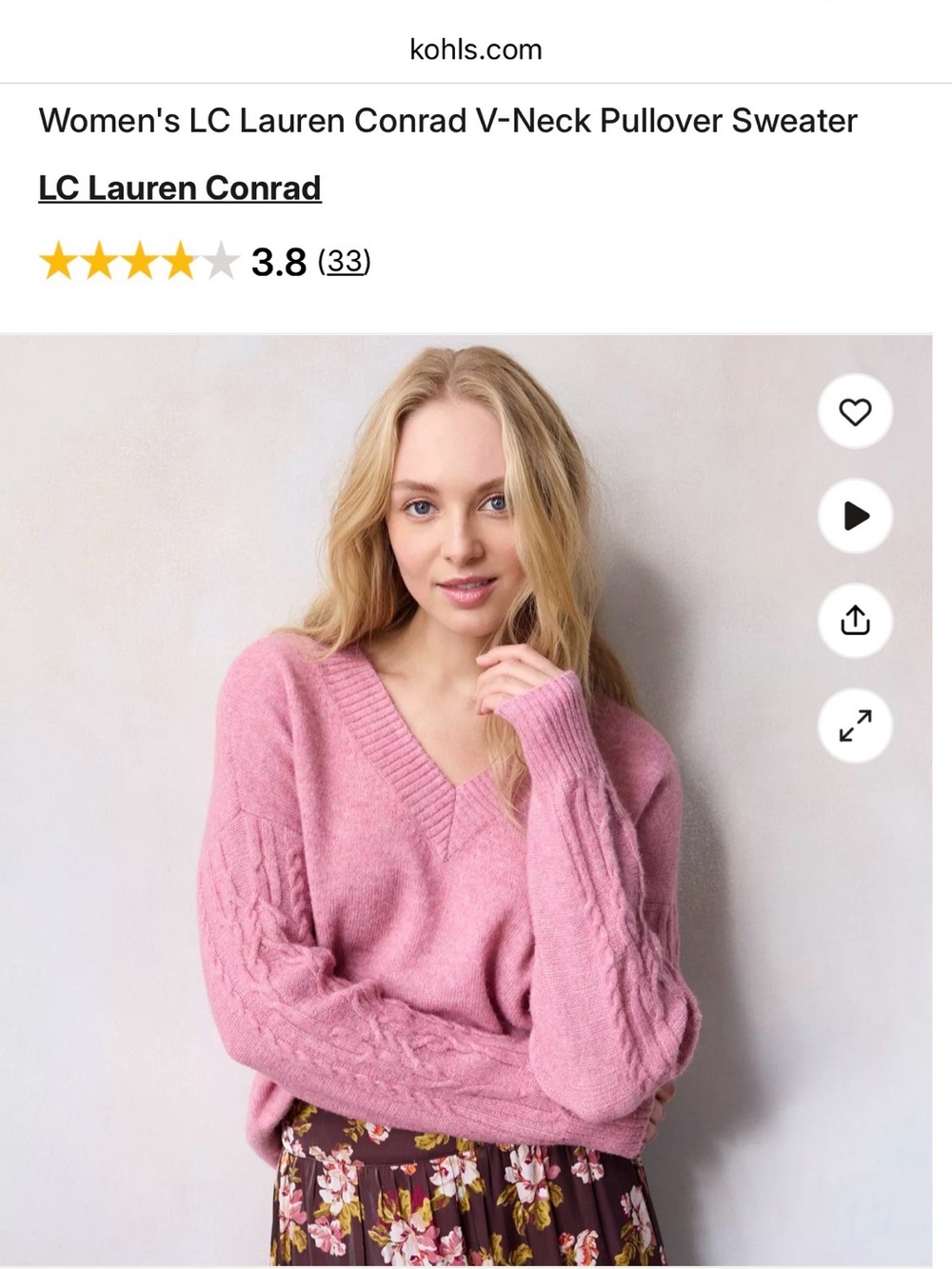 LC Lauren Conrad Rose Pink V-Neck Cable-Sleeve Pullover Sweater size 1X